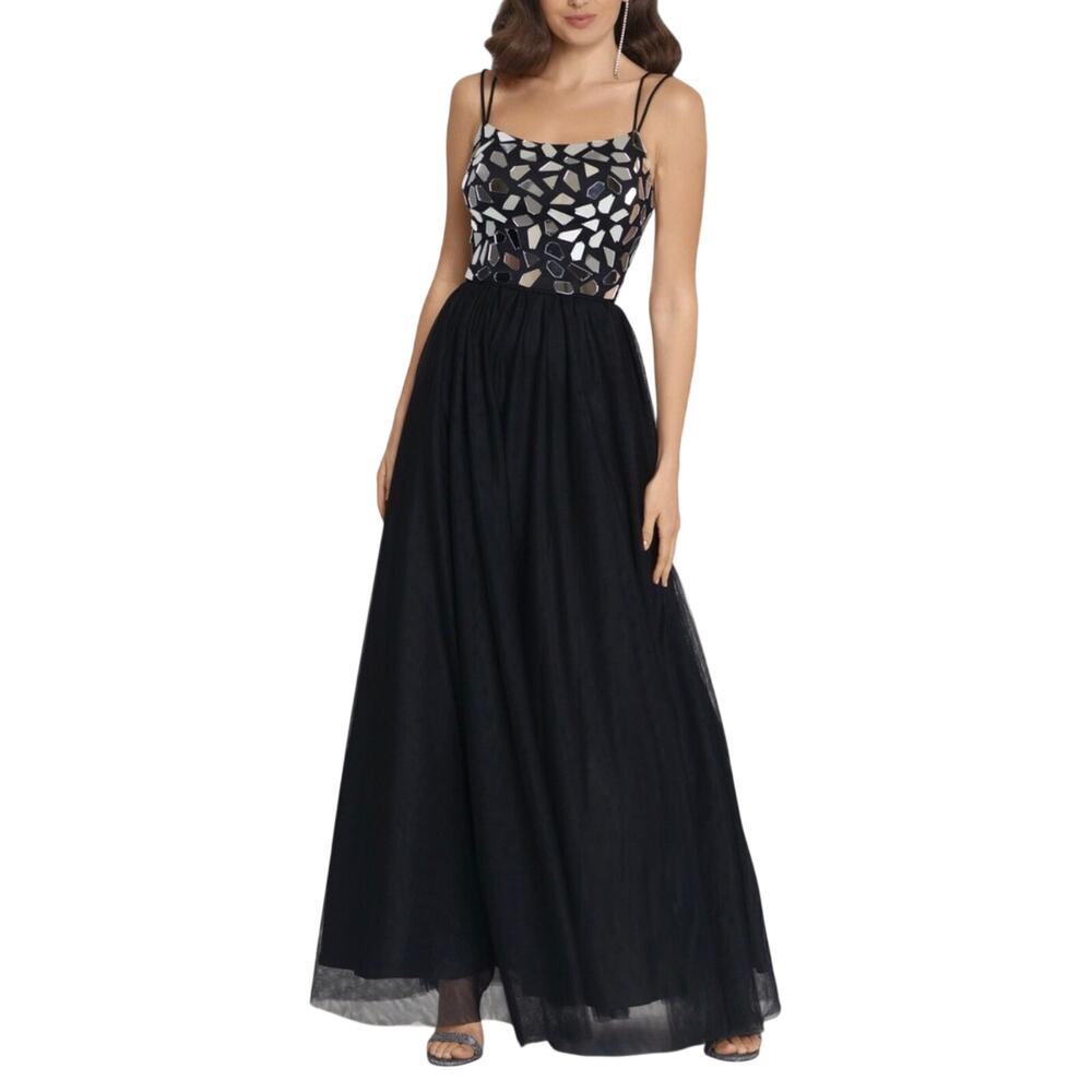 Blondie Nites Black Evening Gown Jeweled Tulle Strappy Back A-Line Dress Size 7